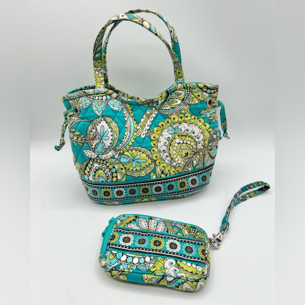 Vera Bradley Quilted Handbag Tote Purse w/ Wristlet Cotton Blue Green Paisley